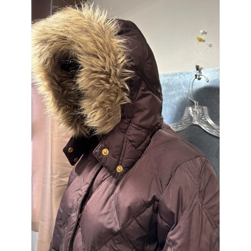 Lands' End Brown Goose Down Diamond Quilted Faux Fur Hood Puffer Jacket M 10-12
